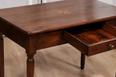 Italian 1890s Walnut Side Table with Elm Marquetry Star Drawer and Turned Legs