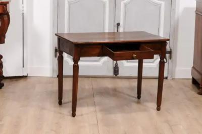 Italian 1890s Walnut Side Table with Elm Marquetry Star Drawer and Turned Legs