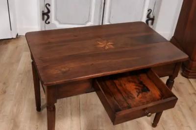 Italian 1890s Walnut Side Table with Elm Marquetry Star Drawer and Turned Legs