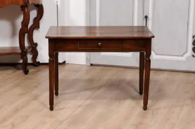 Italian 1890s Walnut Side Table with Elm Marquetry Star Drawer and Turned Legs