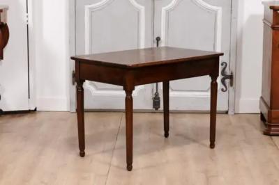 Italian 1890s Walnut Side Table with Elm Marquetry Star Drawer and Turned Legs
