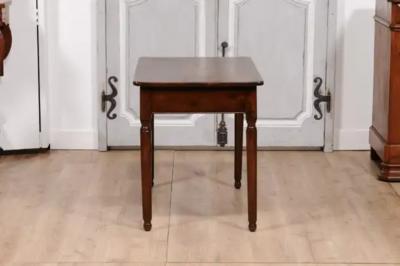 Italian 1890s Walnut Side Table with Elm Marquetry Star Drawer and Turned Legs
