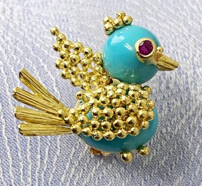 Italian 18K Turquoise Bird chick pin Brooch Mid Century