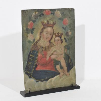 Italian 18th 19th Century Painting of Maria with Baby Jesus On Metal