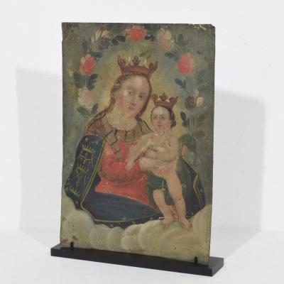 Italian 18th 19th Century Painting of Maria with Baby Jesus On Metal