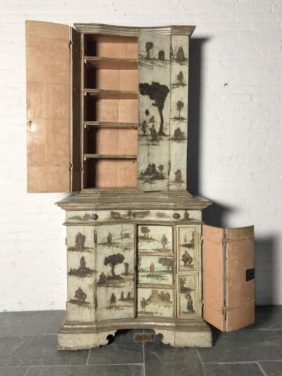 Italian 18th Century 2 part Lacca Povera Painted Enclosed Cabinet