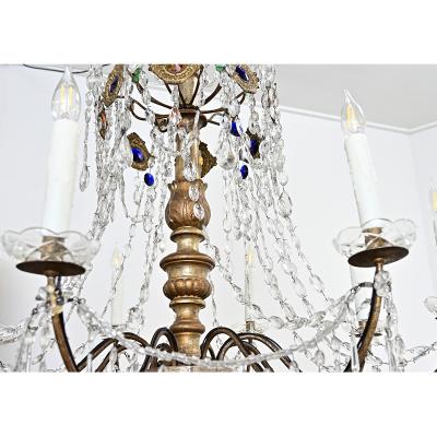 Italian 18th Century Massive Giltwood and Crystal Chandelier