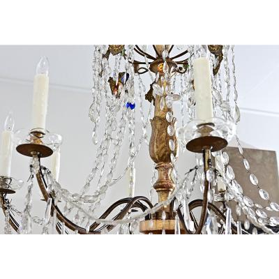 Italian 18th Century Massive Giltwood and Crystal Chandelier