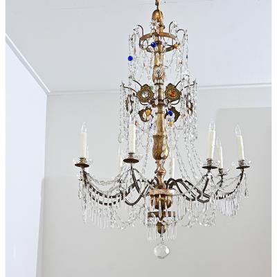 Italian 18th Century Massive Giltwood and Crystal Chandelier