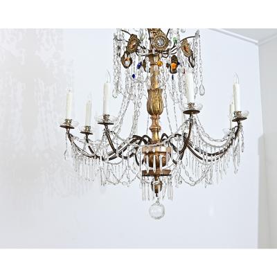 Italian 18th Century Massive Giltwood and Crystal Chandelier