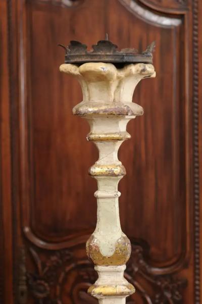 Italian 18th Century Painted Wood Candlestick from Tuscany with Gilt Accents