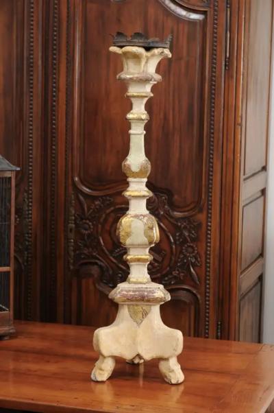 Italian 18th Century Painted Wood Candlestick from Tuscany with Gilt Accents