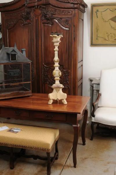 Italian 18th Century Painted Wood Candlestick from Tuscany with Gilt Accents