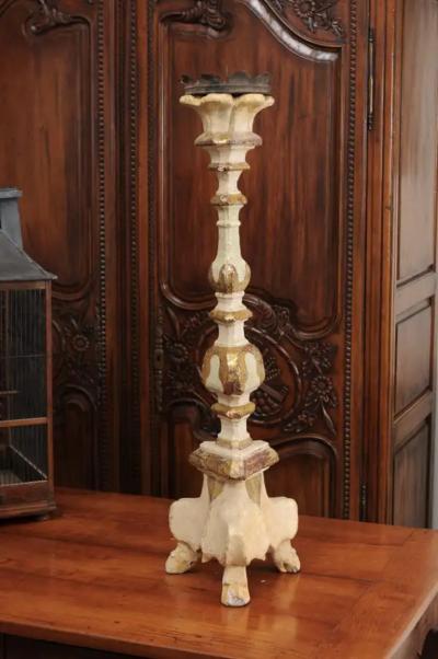 Italian 18th Century Painted Wood Candlestick from Tuscany with Gilt Accents