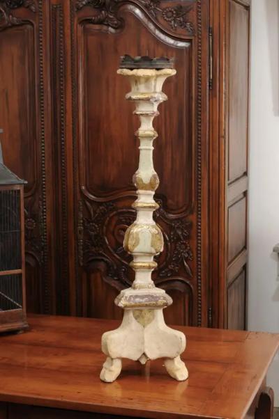 Italian 18th Century Painted Wood Candlestick from Tuscany with Gilt Accents