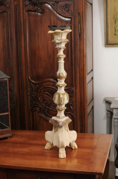 Italian 18th Century Painted Wood Candlestick from Tuscany with Gilt Accents
