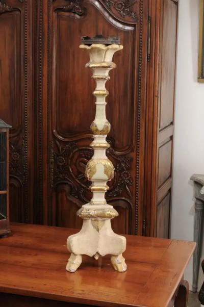Italian 18th Century Painted Wood Candlestick from Tuscany with Gilt Accents