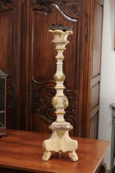 Italian 18th Century Painted Wood Candlestick from Tuscany with Gilt Accents