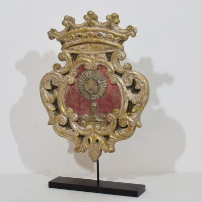 Italian 18th century baroque Carved Wooden Silvered Panel Coat Of Arms