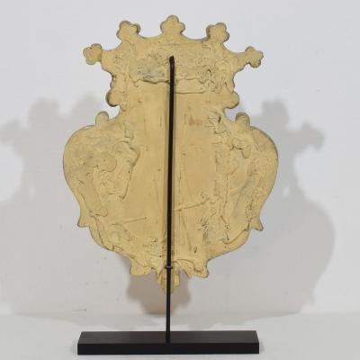 Italian 18th century baroque Carved Wooden Silvered Panel Coat Of Arms