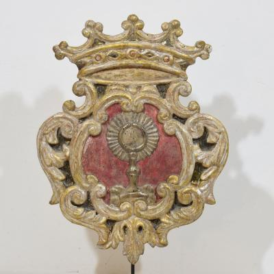 Italian 18th century baroque Carved Wooden Silvered Panel Coat Of Arms