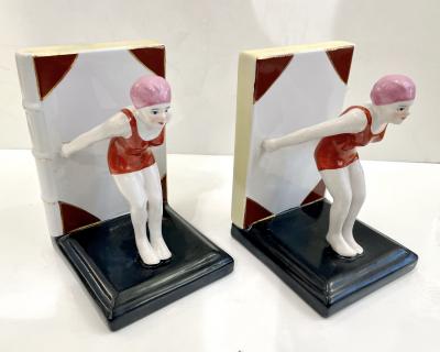 Italian 1930 Art Deco Ceramic Female Diving Figure in Red Bathing Suit Bookends