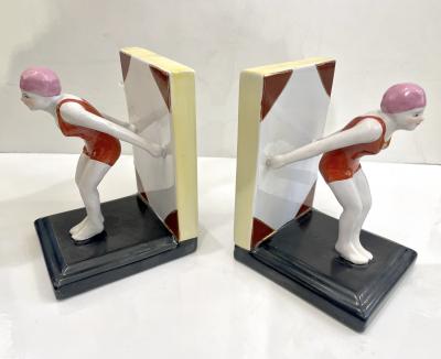 Italian 1930 Art Deco Ceramic Female Diving Figure in Red Bathing Suit Bookends