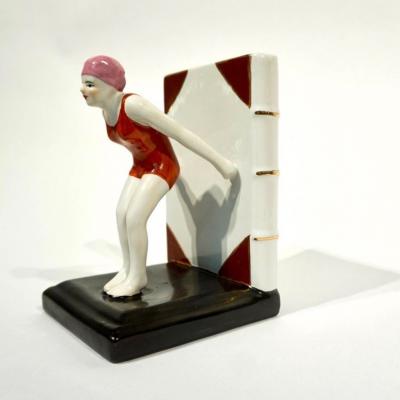 Italian 1930 Art Deco Ceramic Female Diving Figure in Red Bathing Suit Bookends