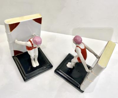Italian 1930 Art Deco Ceramic Female Diving Figure in Red Bathing Suit Bookends