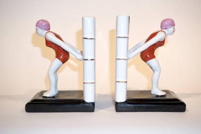 Italian 1930 Art Deco Ceramic Female Diving Figure in Red Bathing Suit Bookends