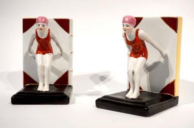 Italian 1930 Art Deco Ceramic Female Diving Figure in Red Bathing Suit Bookends