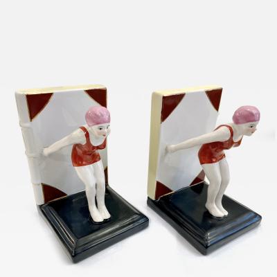 Italian 1930 Art Deco Ceramic Female Diving Figure in Red Bathing Suit Bookends