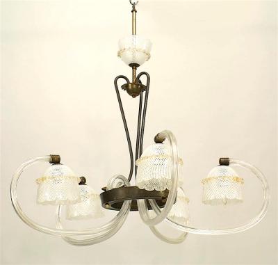 Italian 1930s Murano RETICELLO Clear Glass and Brass Chandelier