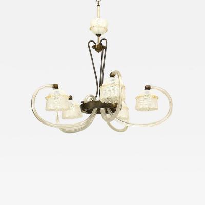 Italian 1930s Murano RETICELLO Clear Glass and Brass Chandelier