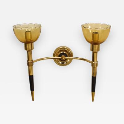 Italian 1940s Brass and Ebonized Wood 2 Arm Wall Sconce