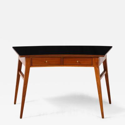 Italian 1940s Walnut Writing Desk with Black Glass Top