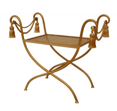 Italian 1940s gilt metal rope and tassel design bench with side arms