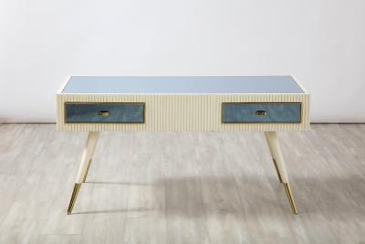 Italian 1950s Blue Glass and Painted Coffee Table with Brass Detail