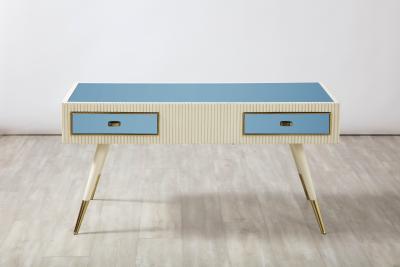 Italian 1950s Blue Glass and Painted Coffee Table with Brass Detail