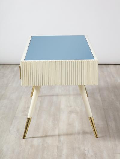 Italian 1950s Blue Glass and Painted Coffee Table with Brass Detail