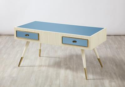 Italian 1950s Blue Glass and Painted Coffee Table with Brass Detail