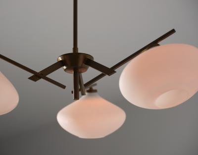 Italian 1950s Brass Chandelier with Three Opaline Glass Shades