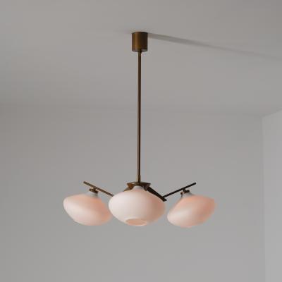 Italian 1950s Brass Chandelier with Three Opaline Glass Shades