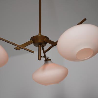 Italian 1950s Brass Chandelier with Three Opaline Glass Shades