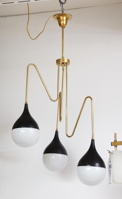 Italian 1950s Brass and Glass Three Light Chandelier