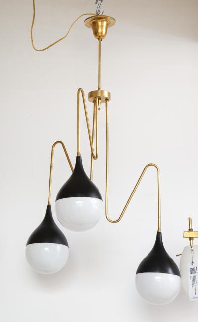 Italian 1950s Brass and Glass Three Light Chandelier