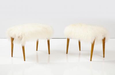 Italian 1950s Maple Wood Stool Bench with Mongolian Sheepskin