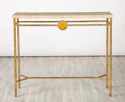 Italian 1970s Gilded Iron and Travertine Console Table