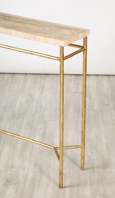 Italian 1970s Gilded Iron and Travertine Console Table