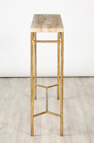 Italian 1970s Gilded Iron and Travertine Console Table